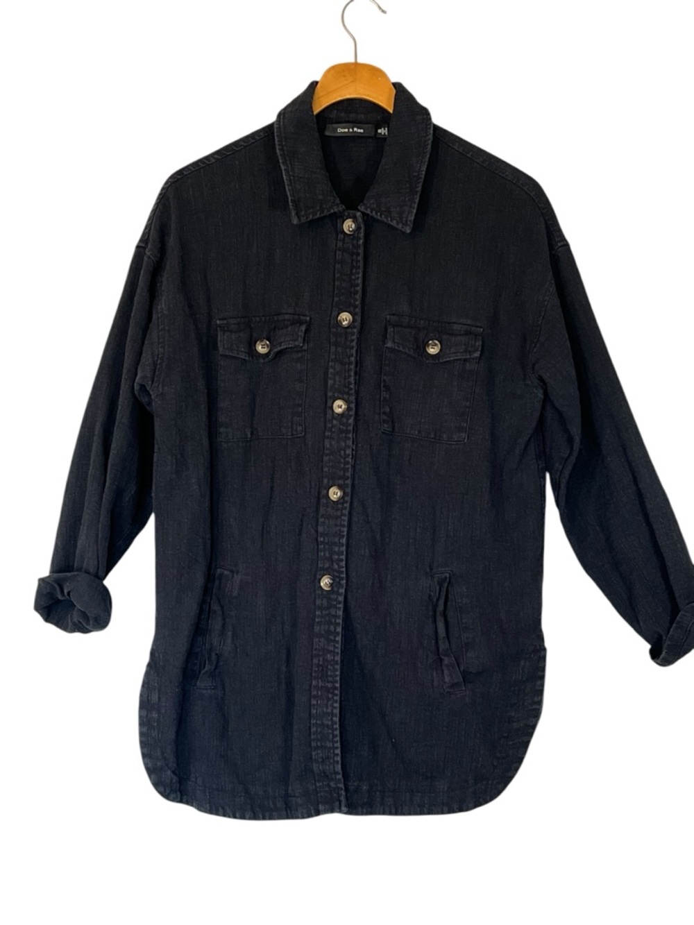 Doe & Rae Button up Distressed Washed Oversized Linen Blend Shirt Size S Black